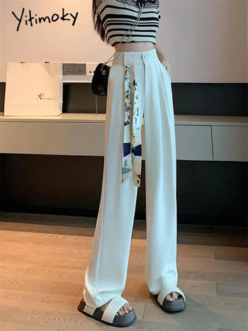Yitimoky Бели дамски панталони с висока талия Пролет 2023 Нова корейска мода Широки панталони с копчета Офис дамски ежедневни панталони