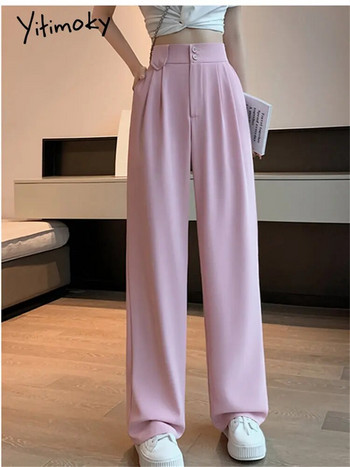 Yitimoky Λευκό ψηλόμεσο παντελόνι για γυναίκες Άνοιξη 2023 Νέα κορεατική μόδα με κουμπιά επάνω Φαρδύ παντελόνι γραφείου Γυναικεία casual παντελόνια