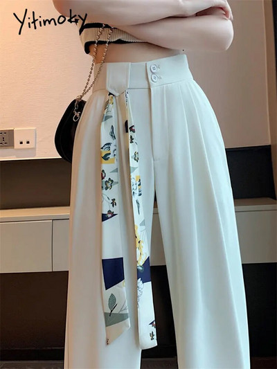 Yitimoky Бели дамски панталони с висока талия Пролет 2023 Нова корейска мода Широки панталони с копчета Офис дамски ежедневни панталони