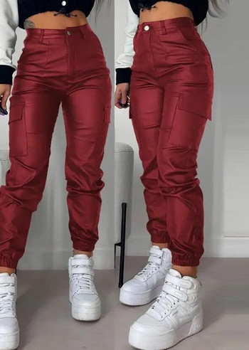 Γυναικεία παντελόνια 2023 Καλοκαιρινή μόδα Σχέδιο τσέπης Pu Δερμάτινο καθημερινό μονόχρωμο ψηλόμεσο παντελόνι με μακριά μανσέτες Y2K Streetwear