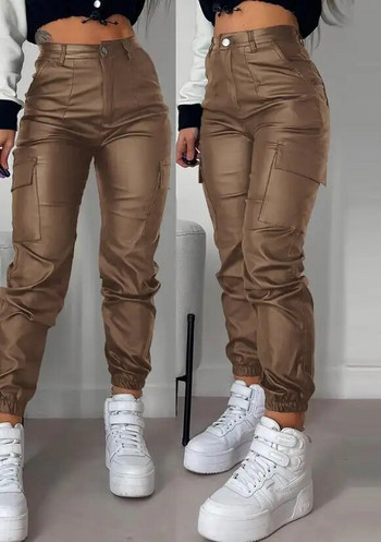 Γυναικεία παντελόνια 2023 Καλοκαιρινή μόδα Σχέδιο τσέπης Pu Δερμάτινο καθημερινό μονόχρωμο ψηλόμεσο παντελόνι με μακριά μανσέτες Y2K Streetwear
