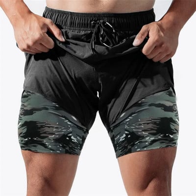 ανδρικό αθλητικό σορτς Camouflage 2 σε 1 Σορτς για τρέξιμο ανδρικό διπλό στρώμα αναπνεύσιμο γυμναστήριο προπόνηση bodybuilding κοντό παντελόνι Ανδρικά