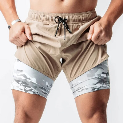 ανδρικό αθλητικό σορτς Camouflage 2 σε 1 Σορτς για τρέξιμο ανδρικό διπλό στρώμα αναπνεύσιμο γυμναστήριο προπόνηση bodybuilding κοντό παντελόνι Ανδρικά