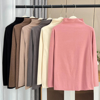Есен и зима 100 кг, едноцветна яка, основни горнища, голям размер, ежедневна дамска топла тениска от кадифена тъкан