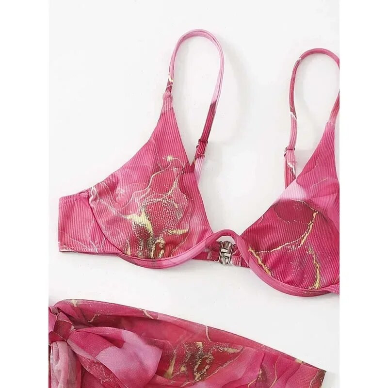 3-dijelni bikini Push Up kupaći kostim Ženski modni kupaći kostim sa suknjom Seksi bikini komplet Kupaći kostim Odjeća za plažu s mramornim printom Ljeto