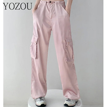 [YOZOU] Luxury Silk Gorpcore Solid Pink String Fluid Φαρδύ παντελόνι Cargo Γυναικείο μαύρο μπεζ γκρι παντελόνι παντελόνι στο κάτω μέρος