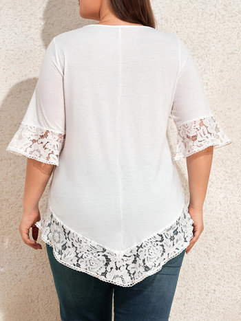 Елегантна тениска с големи размери за пролет и лято 2024 г., дамска плюс контрастна дантела с къс ръкав и V-образно деколте, средно еластична блуза 1xl-6xl
