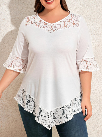 Κομψό μπλουζάκι 2024 Άνοιξη & Καλοκαίρι Plus Size, Γυναικείο Plus Contrast Δαντέλα κοντό μανίκι V λαιμόκοψη Μπλούζα μεσαίου τεντώματος 1xl-6xl