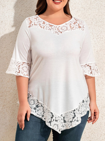 Κομψό μπλουζάκι 2024 Άνοιξη & Καλοκαίρι Plus Size, Γυναικείο Plus Contrast Δαντέλα κοντό μανίκι V λαιμόκοψη Μπλούζα μεσαίου τεντώματος 1xl-6xl