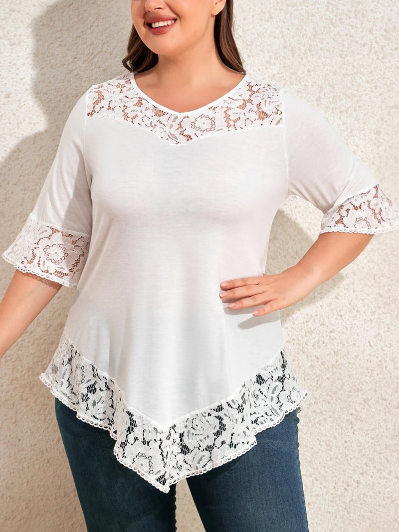 2024 m. pavasaris ir vasara Didelio dydžio elegantiški marškinėliai, moteriški plius kontrastingi nėriniai trumpomis rankovėmis V kaklo vidutinio tamprumo palaidinė 1xl-6xl