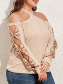 Σέξι μπλουζάκι συν μεγέθους, γυναικείο μονόχρωμο ντεκόρ με παγιέτες με κρύο ώμο με μακρυμάνικο σταυρωτό λαιμόκοψη μεσαίου τεντώματος