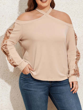 Σέξι μπλουζάκι συν μεγέθους, γυναικείο μονόχρωμο ντεκόρ με παγιέτες με κρύο ώμο με μακρυμάνικο σταυρωτό λαιμόκοψη μεσαίου τεντώματος