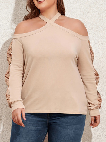 Σέξι μπλουζάκι συν μεγέθους, γυναικείο μονόχρωμο ντεκόρ με παγιέτες με κρύο ώμο με μακρυμάνικο σταυρωτό λαιμόκοψη μεσαίου τεντώματος