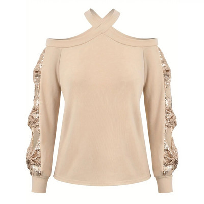 Σέξι μπλουζάκι συν μεγέθους, γυναικείο μονόχρωμο ντεκόρ με παγιέτες με κρύο ώμο με μακρυμάνικο σταυρωτό λαιμόκοψη μεσαίου τεντώματος