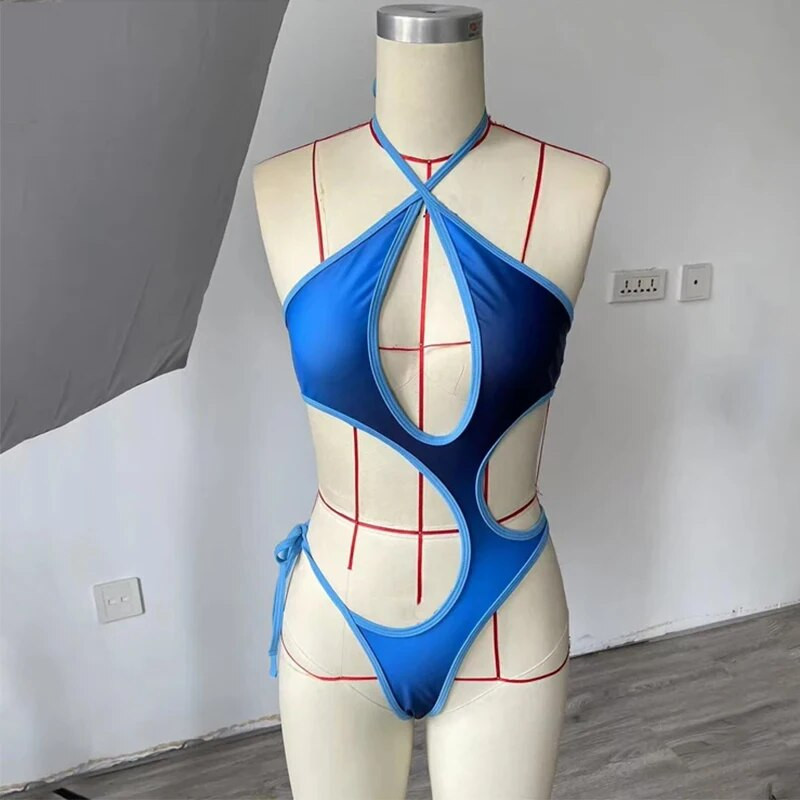 BEACHCICI Ženski jednodijelni bikini, seksi s otisnutim gradijentom i ovratnikom s izrezom na vezivanje, uski kupaći kostim za plažu bez leđa
