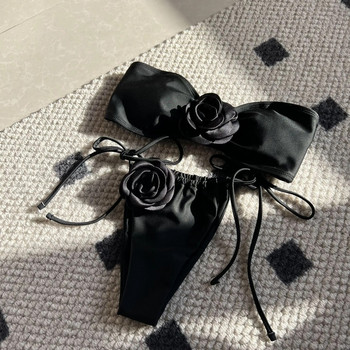 Sexy Tube Γυναικεία μαγιό 3D Flower Bandeau Σετ μπικίνι 2024 Νέο κόκκινο μαύρο μαγιό Μίνι μαγιό