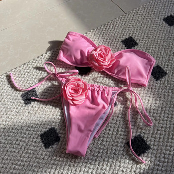 Секси бански дамски 3D комплект бикини с цветя Bandeau 2024 Нов червен черен бански мини бански костюм