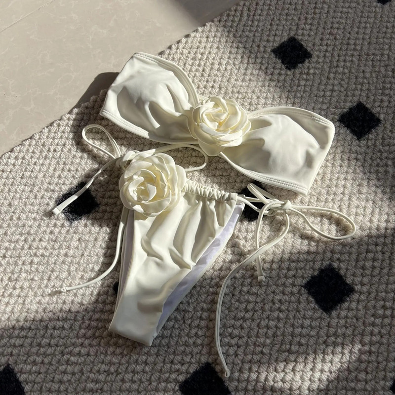 Sexy Tube Γυναικεία μαγιό 3D Flower Bandeau Σετ μπικίνι 2024 Νέο κόκκινο μαύρο μαγιό Μίνι μαγιό