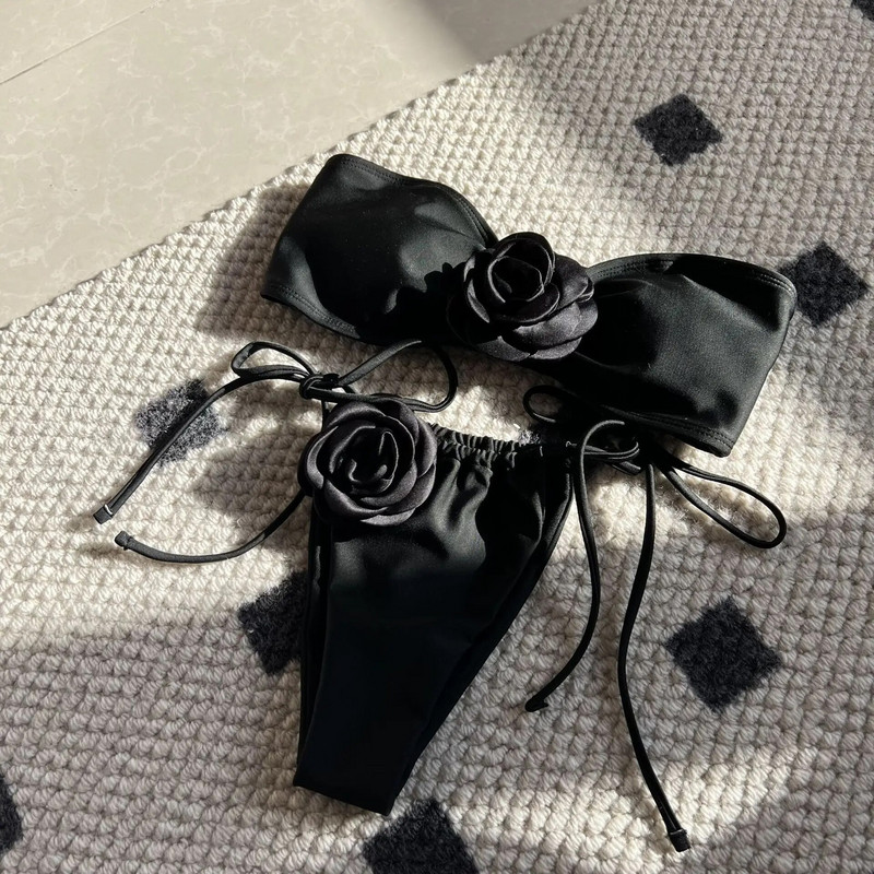 Sexy Tube Γυναικεία μαγιό 3D Flower Bandeau Σετ μπικίνι 2024 Νέο κόκκινο μαύρο μαγιό Μίνι μαγιό