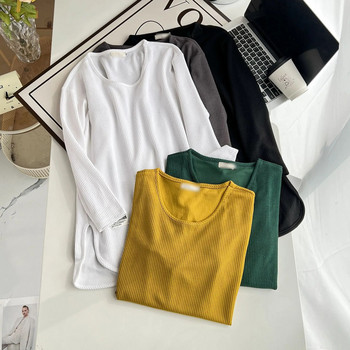 Дамска базова тениска плюс размер Пролет и есен 100 кг Ежедневни едноцветни горнища с надписи с дълъг ръкав