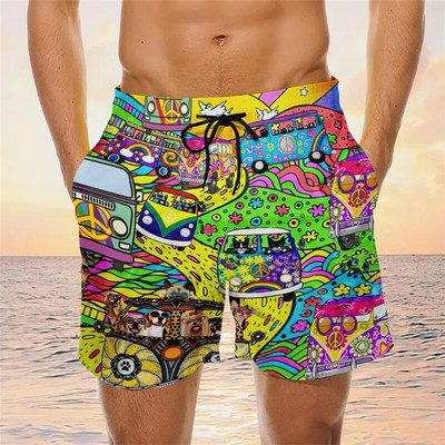 Mesh Lining Elasticated Waistband Hippie Bus Graphic Print Quick Dry Shorts Casual Day Men`s Surf Shorts Swim Shorts Drawstring