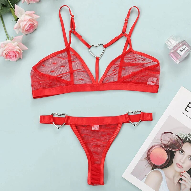 Ženski set seksi donjeg rublja Kompleti grudnjaka s čipkastim ljubavnim uzorkom Erotsko donje rublje Prozirni grudnjak + tange Komplet ženskog leopard porno donjeg rublja