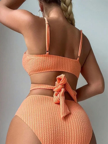 2024 Секси оранжев комплект бикини Дамски бански костюм с повдигане с повдигане с кръст и висока талия Бански костюм Дамски бански плажно облекло