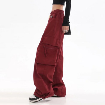 Streetwear Vintage Hip Hop Oversize Κόκκινο Παντελόνι Cargo Γυναικείο με κορδόνι Ελαστική μέση Χαλαρό φαρδύ πόδι Harajuku casual παντελόνι 2023