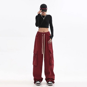 Streetwear Vintage Hip Hop Oversize Κόκκινο Παντελόνι Cargo Γυναικείο με κορδόνι Ελαστική μέση Χαλαρό φαρδύ πόδι Harajuku casual παντελόνι 2023