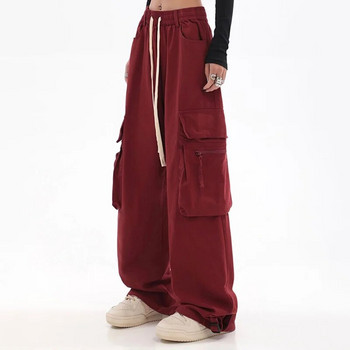 Streetwear Vintage Hip Hop Oversize Red Cargo панталони Дамски шнурове Еластична талия Свободни широки крачоли Ежедневни панталони Harajuku 2023