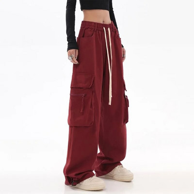 Streetwear Vintage Hip Hop Oversize crvene cargo hlače Ženske uzice s elastičnim strukom Labave Harajuku ležerne hlače širokih nogavica 2023.