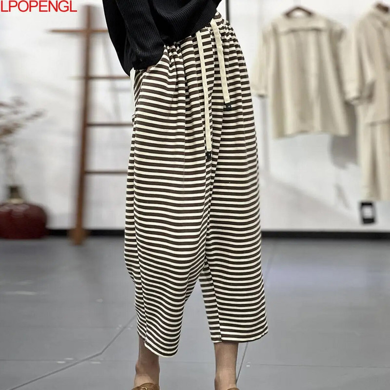 Nove harem hlače za 2023. Ženska jesenska književnost, korejsko izdanje, široke prugaste personality hlače s elastičnim strukom