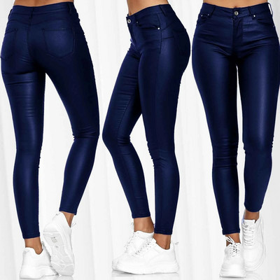 Jambiere elastice de culoare solidă pentru femei sexy, din piele PU, pantaloni elastici cu talie înaltă, cu buzunare, pentru cluburi de noapte.