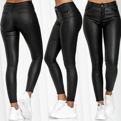 Jambiere elastice de culoare solidă pentru femei sexy, din piele PU, pantaloni elastici cu talie înaltă, cu buzunare, pentru cluburi de noapte.