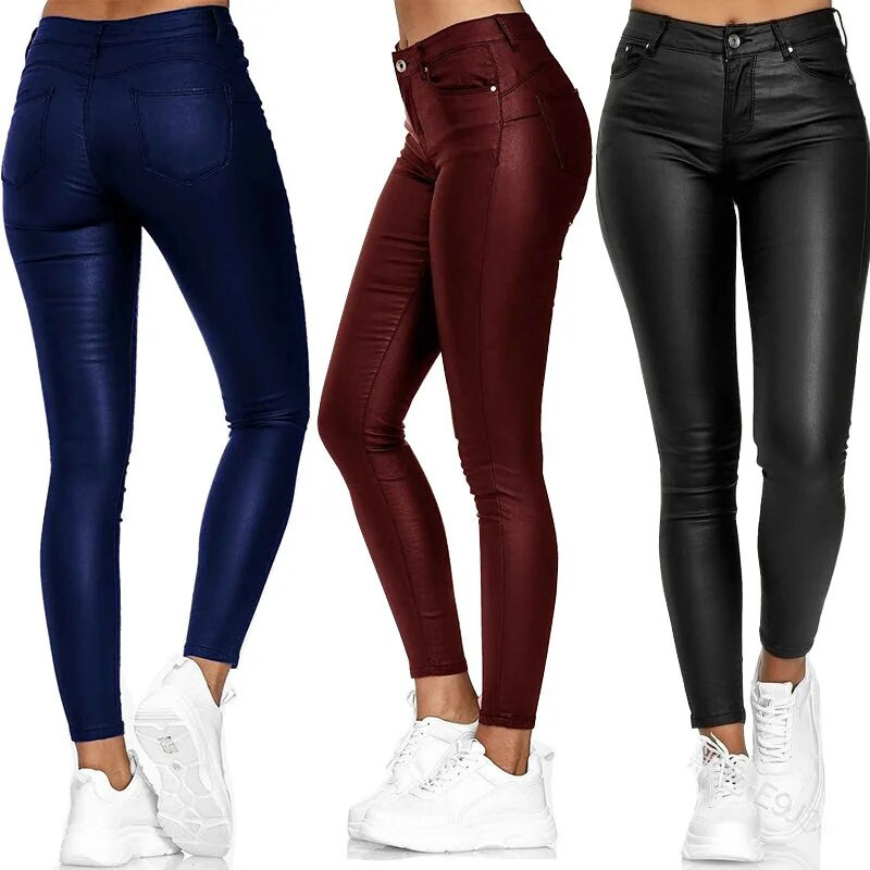 Jambiere elastice de culoare solidă pentru femei sexy, din piele PU, pantaloni elastici cu talie înaltă, cu buzunare, pentru cluburi de noapte.