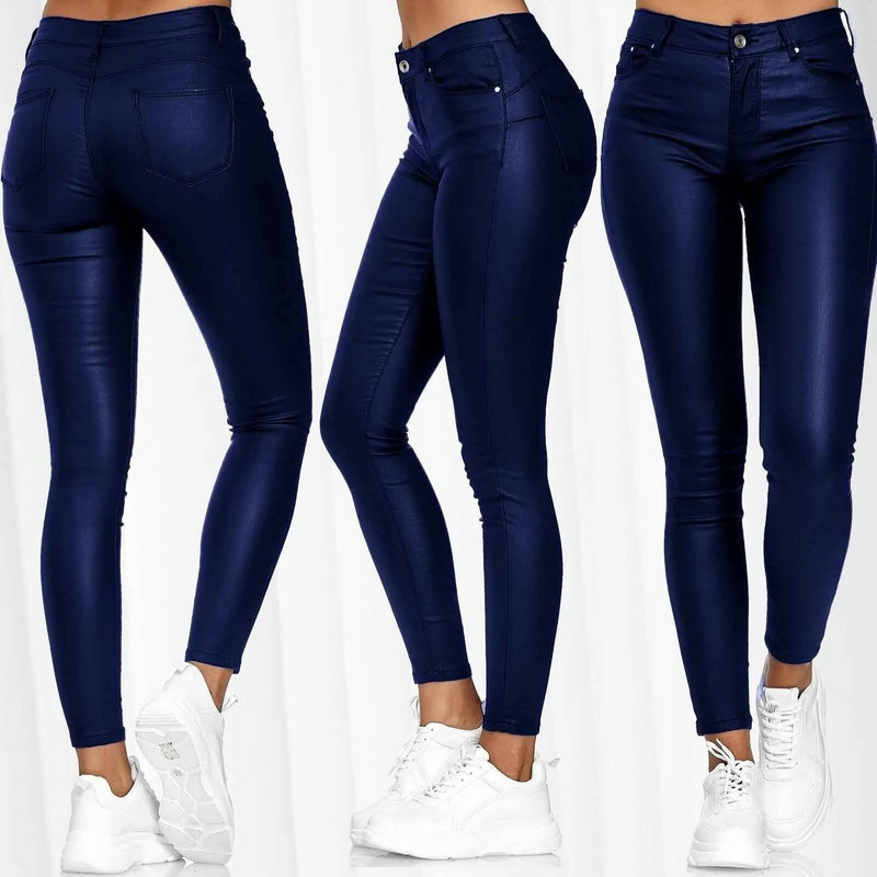 Jambiere elastice de culoare solidă pentru femei sexy, din piele PU, pantaloni elastici cu talie înaltă, cu buzunare, pentru cluburi de noapte.