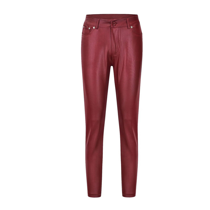 Jambiere elastice de culoare solidă pentru femei sexy, din piele PU, pantaloni elastici cu talie înaltă, cu buzunare, pentru cluburi de noapte.