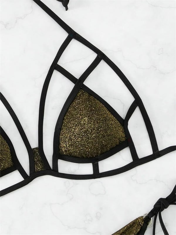 Szexi fekete bordázott bikini szett női, kötőfék, kivágott, Push Up mikro fürdőruha, 2023 nyári fürdőruha, nyakkendő, háromszög alakú fürdőruha