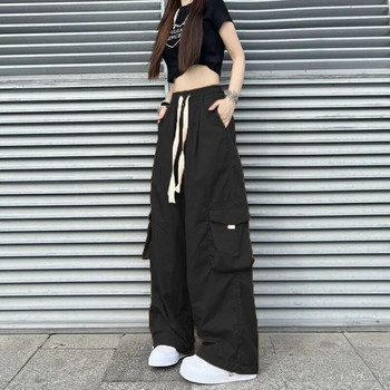 Улично облекло Дамски извънгабаритни плътни карго панталони Еластична талия Drawcord Loose Harajuku Hip Hop Ежедневни широки спортни панталони 2023