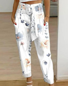 Pantaloni de damă cu talie înaltă de vară, casual, europeni și americani, cu imprimeu floral, cu design de buzunar, pantaloni de modă pentru femei