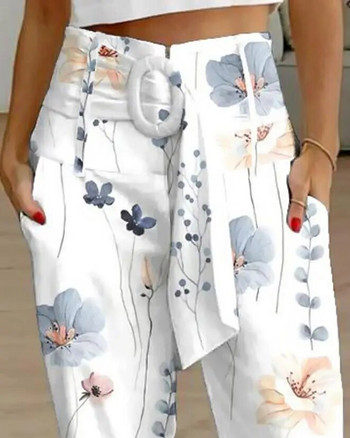 Дамски панталони с висока талия Летни ежедневни европейски и американски флорални щампи Модни панталони с джоб с колан за жени