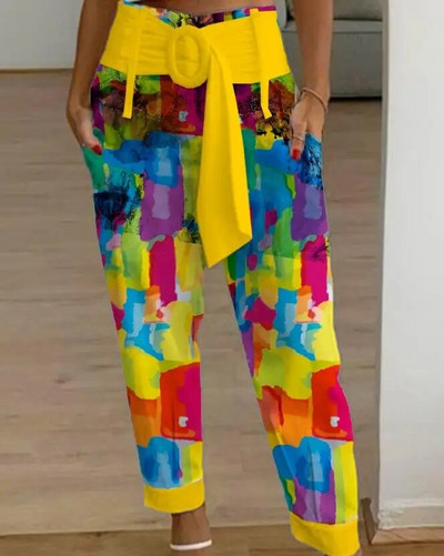 Pantaloni de damă cu talie înaltă de vară, casual, europeni și americani, cu imprimeu floral, cu design de buzunar, pantaloni de modă pentru femei
