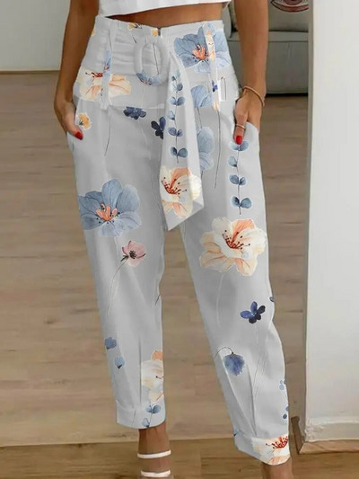 Pantaloni de damă cu talie înaltă de vară, casual, europeni și americani, cu imprimeu floral, cu design de buzunar, pantaloni de modă pentru femei