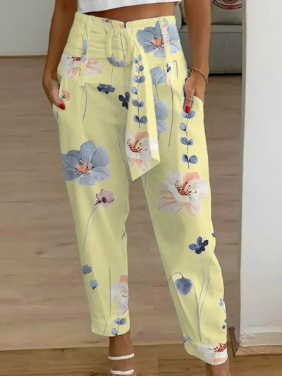 Pantaloni de damă cu talie înaltă de vară, casual, europeni și americani, cu imprimeu floral, cu design de buzunar, pantaloni de modă pentru femei