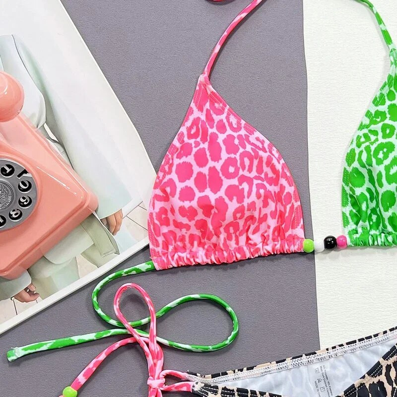 QINJOYER Sexy String Bikini Leopard Print Patchwork fürdőruha fürdőruha Női Biquini Beach Úszóruha brazil bikini szett