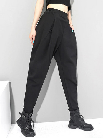 [EAM] Черни къси дълги панталони с висока еластична талия Нови свободни панталони Дамска мода Tide Пролет Есен 2024 1DC419