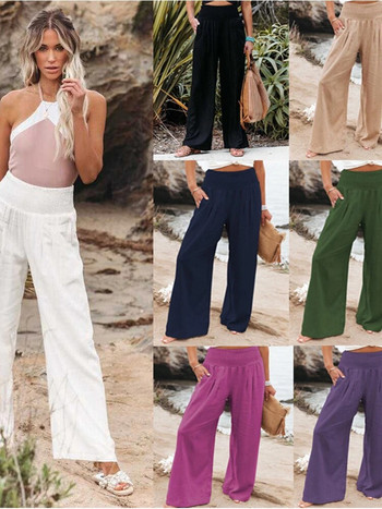 Foridol пролет лято памук лен дамски панталони джобове едноцветни ежедневни бели широки крачоли офис дама бели дълги панталони каки 2024