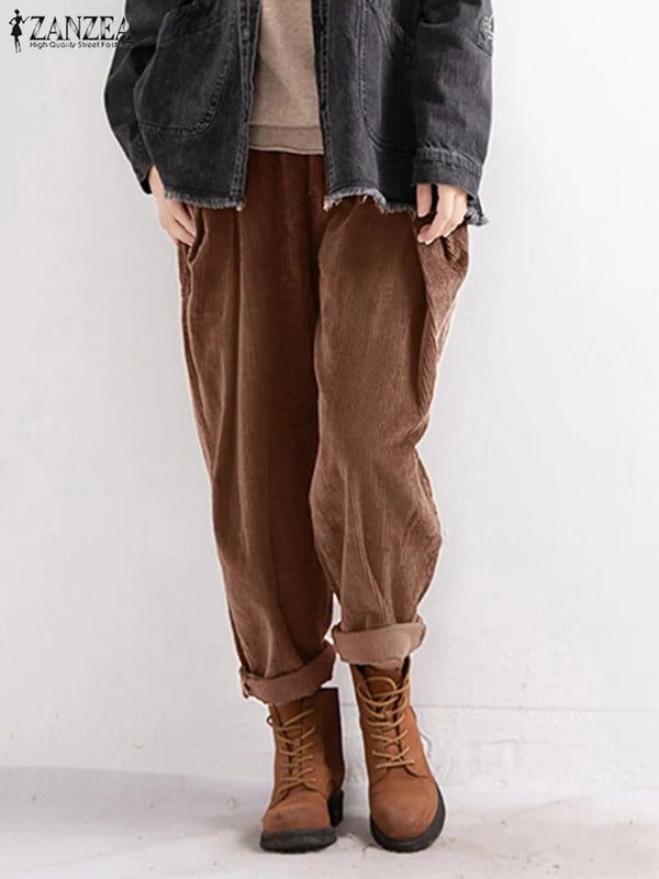 2023 m. ZANZEA vintažinės moteriškos velvetinės kelnės rudeninės ilgos kelnės laisvalaikio elastiniu juosmeniu laisva Pantalon Palazzo moteriška prašmatni ropė