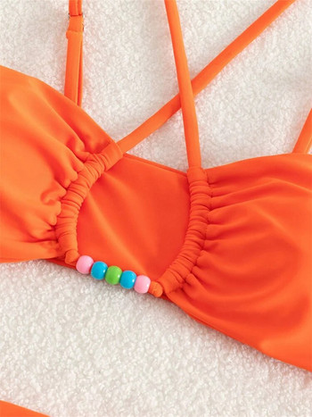 Секси комплект бикини с висока талия Дамски 2023 г. Едноцветен оранжев, издълбан перлен Push Up Micro Бански Летен бански костюм с връзки