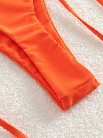 Секси комплект бикини с висока талия Дамски 2023 г. Едноцветен оранжев, издълбан перлен Push Up Micro Бански Летен бански костюм с връзки